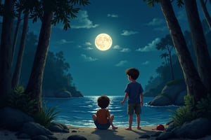 (((LITTLD KIDS))), 1BOY, 7 YEARS OLD, PLAYING AT BEACH, IN DEEP FOREST, MOON NIGHT
