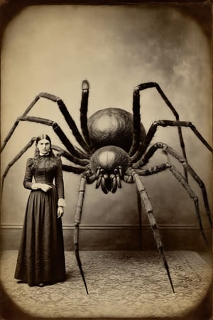 young woman standing next to a giant spider monster, in the style of contemporary vintage photography, necronomicon illustrations, tabletop photography, 1890, hyperrealistic animal portraits, ghostly presence, whirring contrivances