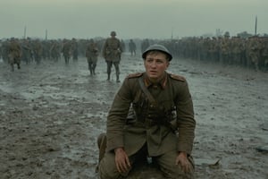 The soldier is with one knee on the ground while looking up at the sky. His face gets wet with the rain. Traces of blood and pain color the scene. In the distance you can see the smoke of the bombs that have just exploded. 1916