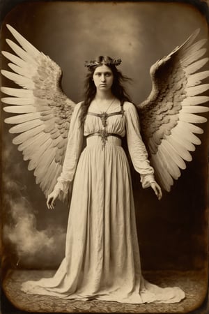 daguerreotype of Young woman with angel wings, full body, smoky, muted tones, intense light, hyperrealism, war. necronomicon illustrations, tabletop photography, 1890, hyperrealistic