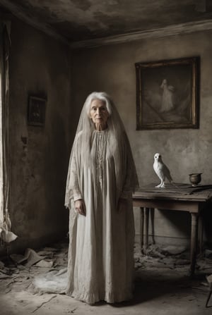 very old woman with disheveled hair standing next to an ghost, in a ruined room, contemporary vintage photography style, necronomicon illustrations, tabletop photography, year 1870, hyper-realistic animal portraits, ghostly presence, humming devices, daguerreotype style