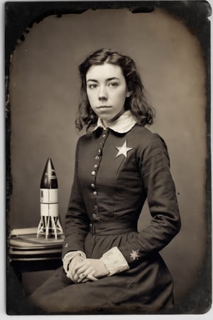 a daguerreotype of an young woman astronaut, 1860 as Vanessa Kirby. In the background there is a plan of a rocket