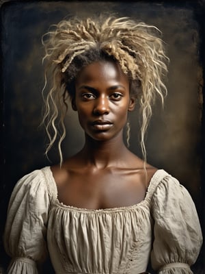 daguerreotype. photorealistic, masterpiece, hyperdetailed photography of a beautiful woman posing  for a picture, (((blond messy hair))), best quality, 8k UHD, 8k, ultra quality, ultra detailed, closed mouth, warm lighting, soft lighting, full body, smooth lighting, softbox, smirking, professional photography, storm background, natural face, natural beauty, skinny, year 1850 ((((closed mouth)))), front_view, black tears,The_Resurrectionist