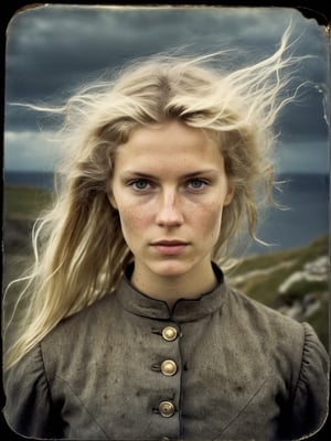 daguerreotype. European,  of a beautiful woman posing  for a picture, dirt and a little acne on the face (((blond messy hair))), standing on a cliff.  soft lighting, full body, smooth lighting, softbox, smirking, professional photography, storm background, natural face, natural beauty, skinny, year 1850 ((((daguerreotype))))