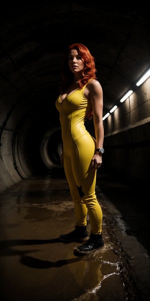 A dark and eerie sewer tunnel sets the stage as April O'Neil stands frozen in fear, her bright red hair a tangled mess around her face. She wears a tight, well-fitted yellow jumpsuit that accentuates her athletic physique. Her eyes are wide with terror as she gazes down at the treacherous waters below, her feet planted firmly on the damp concrete floor. The dimly lit tunnel casts long shadows behind her, adding to the sense of foreboding.