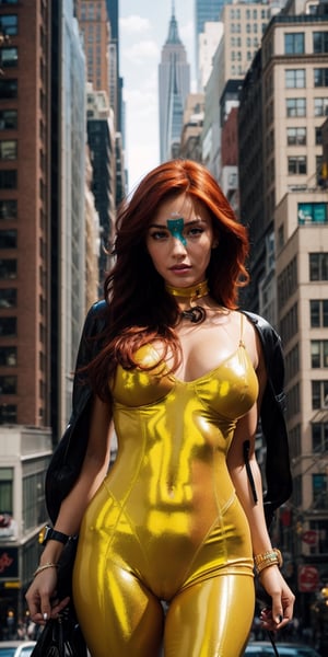photo from above of April O'Neill standing confidently in the middle of a bustling New York City street, her bright red hair cascading over her shoulders like a fiery waterfall. Her striking features are accentuated by eyeliner, eye shadow, and luscious lashes framing her piercing gaze. She exudes confidence in her tight shiny YELLOW mono-kini catsuit, which showcases her toned physique. In the background, the iconic ny buildings, adding a pop of color to the urban landscape.,hourglass body shape,CARTOON_April_ONeil_TMNT_ownwaifu