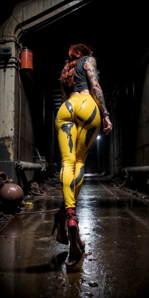A  sewer tunnel sets the stage as April O'Neil stands frozen in fear, her bright red hair a tangled mess around her face. She wears a tight, well-fitted yellow jumpsuit that accentuates her athletic physique. Her eyes are wide with terror as she gazes down at the treacherous waters below, her feet planted firmly on the damp concrete floor. The dimly lit tunnel casts long shadows behind her, adding to the sense of foreboding.