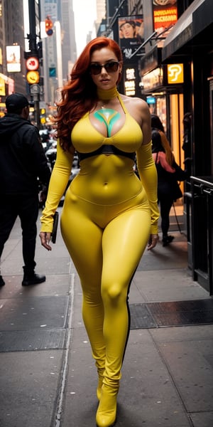 April O'Neill stands confidently in the middle of a bustling New York City street, her bright red hair cascading over her shoulders like a fiery waterfall. Her striking features are accentuated by eyeliner, eye shadow, and luscious lashes framing her piercing gaze. She exudes confidence in her tight YELLOW mono-kini catsuit, which showcases her toned physique. In the background, the iconic ny buildings, adding a pop of color to the urban landscape.,hourglass body shape
