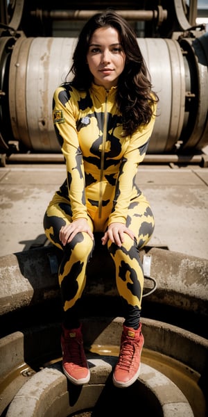 full shot of April O'neal sitting tight wellow jumsuit.

cross-legged sitting on the TMNT sewer system

