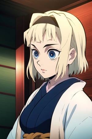 kimetsu no yaiba style, 1girl, solo, japanese clothes, kimono, blue eyes, short hair, white hair, messy hair, upper body, anime coloring, black headband, light, bangs, dark blue kimono, big breast, chest exposed, adult body ,rengoku kyoujurou