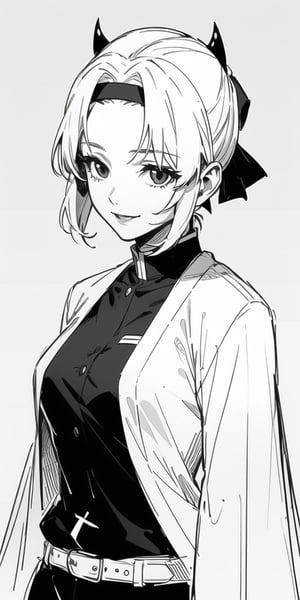 1girl, masterpiece, extremely detailed face, lineart, sketch art, standing still, front view ,line anime, smiling, short hair, black headband, demon slayer uniform, chest exposed, attractive female, upper body