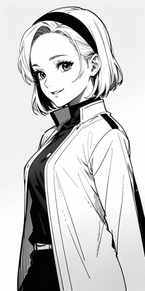 1girl, masterpiece, extremely detailed face, lineart, sketch art, standing still, front view ,line anime, smiling, short hair, black headband, demon slayer uniform, chest exposed, attractive female, upper body, bangs, messy hair