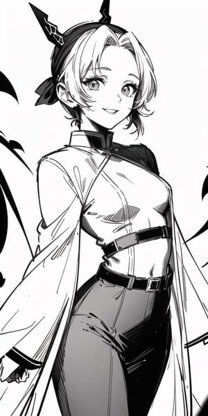 1girl, masterpiece, extremely detailed face, lineart, sketch art, standing still, front view ,line anime, smiling, short hair, black headband, demon slayer uniform, chest exposed, 