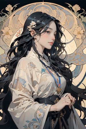 (masterpiece, best quality, highly detailed, ultra-detailed, intricate), illustration, pastel colors, art_nouveau, Art Nouveau by Alphonse Mucha, tarot, offcial art,统一 8k 壁纸,ultra - detailed,masterpiece,Best quality at best,（zentangle,datura,Tangles,entangled）,（ecstasy of flower：1.2）dynamic angle,cowboyshot,The most beautiful form of chaos, light smile, small breasts, ˉellegance,Fauvistdesign,vivid colour,romanticism lain,atmospurate,clear pattern, ((long black wavy hair)), watercolor, Solid background, lanterns, electrical wires, vibrant colors,masterpiece,(best quality, masterpiece),oil painting,watercolor