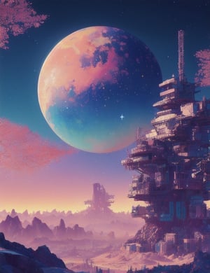 A detailed Semi fantastic Landscape japanese in space, steampunk city, cyberpunk city, Starry sky, extravagant vegetat, an elegant and intricate scene of a multicolored desert full of shimmering lights, with smooth curves and sharp focus, vibrant colors, landscape style of Jim Lee fantasy art, watercolor effect, bokeh, Adobe Illustrator, hand-drawn, digital painting, low-poly, soft lighting, retro aesthetic, 4K resolution, super detailed, photorealistic rendering, using Cinema 4D  
