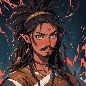 (best quality, masterpiece), portrait of a young dark tan skin elf man, androgynous, black dreadlocks hair. thin mustache and a goatee portrait photography medieval clothing. cinematic light, looking to the side off camera, backlight glow, mist, by mikhail vrubel, by philippe druillet, by peter elson, by gerald brom, muted colors, extreme detail