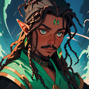 (best quality, masterpiece), portrait of a young dark tan skin elf man, androgynous, black dreadlocks hair. thin mustache and a goatee portrait photography medieval clothing. cinematic light, looking to the side off camera, backlight glow, green gold, mist, by mikhail vrubel, by philippe druillet, by peter elson, by gerald brom, muted colors, extreme detail