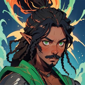 (best quality, masterpiece), portrait of a young dark tan skin elf man, feminine, black dreadlocks hair. thin mustache and a goatee portrait photography medieval clothing. cinematic light, looking to the side off camera, backlight glow, green gold, mist, by mikhail vrubel, by philippe druillet, by peter elson, by gerald brom, muted colors, extreme detail