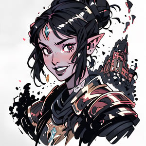 (best quality, masterpiece), portrait of a young greek elf girl, strong, straight black hair with a bun. strong girl. giant nose. nose disproportionately larger. black eyes. a kind smile. photography medieval armor. cinematic light, looking to the side off camera, backlight pink glow, pink, gold_(metal), mist, by mikhail vrubel, by philippe druillet, by peter elson, by gerald brom, by Richard Alan Schmid, muted colors, extreme detail. in the background there is a castle,inksketch,drow, good person, godess of love, french nose, cascina caradonna