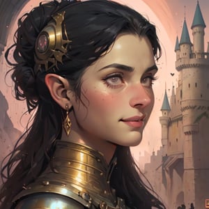 (best quality, masterpiece), arabic nose, androgynous, portrait of a young elf woman, strong, masculine, straight black hair with a bun. large face. strong girl. giant nose. nose disproportionately larger. black eyes. a kind smile. photography, medieval armor. cinematic light, looking to the side off camera, backlight pink glow, pink, gold_(metal), mist, by mikhail vrubel, by philippe druillet, by peter elson, by gerald brom, by Richard Alan Schmid, muted colors, extreme detail. in the background there is a castle,inksketch,drow, good person, godess of love, french nose, cascina caradonna, sexy, epic light