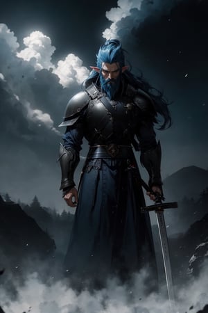 Dark,  atmospheric and contemplative bearded 30_year_old male elf viking warrior with huge_sword, yellow thunder, dark_blue_hair , blue_armor, blue armor,  blue_beard,  long and spiky_hair,  dark blue_hair,  amber_eyes,  white skin,  leather details. thunders,  lightning. Cloud Strife Buster Sword, blue and gold. Castles in the background, depth_of_field, long_hair, looking_at_viewer, man, pointy_ears, solo,MECHA,Germany Male,vash the stampede,  spread hair,  sad atmosphere,  sadness,  sword blade stucked on the ground,  long_hair,  ((buster_sword,  huge_sword,  holding_sword,  )):6, monochrome,  sketch,  Germany Male,  r1ge,  ink