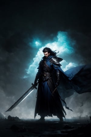 Dark,  atmospheric and contemplative art from the waist up of a bearded male strong elf with long dark blue and spiky hair and yellow eyes,  handsome,  dark blue jacket,  blue cape,  powerful,  long hair,  spiky hair. blue armor. medieval castles in the background,  yellow thunder,  distant looking,  serious,  reflexive,  stunning artwork,  shimmering shadows,  spread hair,  sad atmosphere,  sadness,  sword blade stucked on the ground,  long_hair,  by Victo Ngai,  Sam Guay,  Abigail Larson,  Yoji Shinkawa.,  r1ge,  ink,  EpicArt,  ((buster_sword,  huge_sword,  holding_sword,  )):6,   ,  monochrome,  sketch,  Germany Male,  r1ge,  ink,  fantasy00d,  lighting,  ornate thundermagic, wowdk, thundermagic, ink, ((buster_sword, boy,thundermagic,wowdk,ink,boy,fantasy00d,1 girl