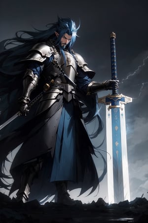 Dark,  atmospheric and contemplative bearded 30_year_old male elf viking warrior with huge_sword, yellow thunder, dark_blue_hair , blue_armor, blue armor,  blue_beard,  long and spiky_hair,  dark blue_hair,  amber_eyes,  white skin,  leather details. thunders,  lightning. Cloud Strife Buster Sword, blue and gold. Castles in the background, depth_of_field, long_hair, looking_at_viewer, man, pointy_ears, solo,MECHA,Germany Male,vash the stampede,  spread hair,  sad atmosphere,  sadness,  sword blade stucked on the ground,  long_hair,  ((buster_sword,  huge_sword,  holding_sword,  )):6, monochrome,  sketch,  Germany Male,  r1ge,  ink,ink