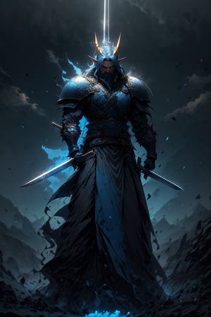 Dark,  atmospheric and contemplative bearded 30_year_old male elf viking warrior with huge_sword, yellow thunder, dark_blue_hair , blue_armor, blue armor,  blue_beard,  long and spiky_hair,  dark blue_hair,  amber_eyes,  white skin,  leather details. thunders,  lightning. Cloud Strife Buster Sword, blue and gold. Castles in the background, depth_of_field, long_hair, looking_at_viewer, man, pointy_ears, solo,MECHA,Germany Male,vash the stampede,  spread hair,  sad atmosphere,  sadness,  sword blade stucked on the ground,  long_hair,  ((buster_sword,  huge_sword,  holding_sword,  )):6, monochrome,  sketch,  Germany Male,  r1ge,  ink,fantasy00d