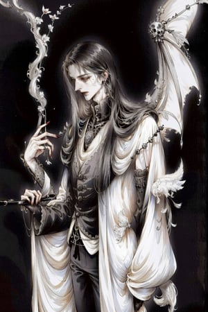 a pale and white skin norse god of death, with long straight black hair, completely black eyes, he wears a black overcoat, and black pants, on his back he has large black bat wings. His face is thin. He is muscular, his chest is showing. gothic, necromantic, dark fantasy, death, fog, scythe, ornate skulls on the background, cave, by Moebius, highly detailed,monochrome,midjourney,thedeath