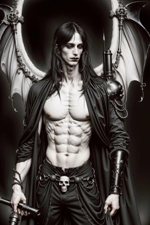 a pale and white skin norse god of death, with long straight black hair, completely black eyes, he wears a black overcoat, and black pants, on his back he has large black bat wings. His face is thin. He is muscular, his chest is showing. gothic, necromantic, dark fantasy, death, fog, scythe, ornate skulls on the background, cave, by Ayami Kojima, highly detailed,monochrome,midjourney,thedeath