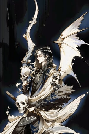 a pale and white skin norse god of death, with long straight black hair, completely black eyes, he wears a black overcoat, and black pants, on his back he has large black bat wings. His face is thin. He is muscular, his chest is showing. gothic, necromantic, dark fantasy, death, fog, scythe, ornate skulls on the background, cave, by Yoji Shinkawa, highly detailed,monochrome,midjourney,thedeath