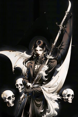 a pale and white skin norse god of death, with long straight black hair, completely black eyes, he wears a black overcoat, and black pants, on his back he has large black bat wings. His face is thin. He is muscular, his chest is showing. gothic, necromantic, dark fantasy, death, fog, scythe, ornate skulls on the background, cave, by Yoji Shinkawa, highly detailed,monochrome,midjourney,thedeath