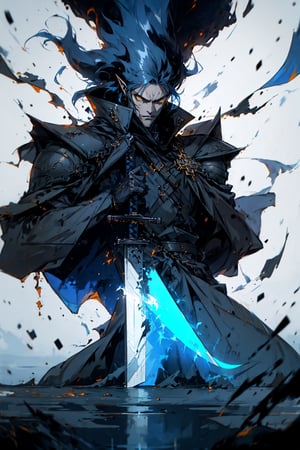 Dark,  atmospheric and contemplative art from the waist up of a bearded male strong elf with long dark blue and spiky hair and yellow eyes,  handsome,  dark blue jacket,  blue cape,  powerful,  long hair,  spiky hair. blue armor. medieval castles in the background,  yellow thunder,  distant looking,  serious,  reflexive,  stunning artwork,  shimmering shadows,  spread hair,  sad atmosphere,  sadness,  sword blade stucked on the ground,  long_hair,  by Victo Ngai,  Sam Guay,  Abigail Larson,  Yoji Shinkawa.,  r1ge,  ink,  EpicArt,  ((buster_sword,  huge_sword,  holding_sword,  )):6,   ,  monochrome,  sketch,  Germany Male,  r1ge,  ink,  fantasy00d,  lighting,  ornate thundermagic, wowdk, thundermagic, ink, ((buster_sword, boy,thundermagic,wowdk,ink,boy,fantasy00d,1 girl,shinkawa youji