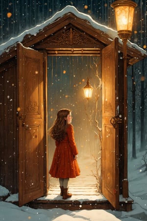 Lucy Pevensie from Narnia is getting out of an wooden Wardrobe and facing a cold snow storm, she looks to a single pole with a lamp lonely, by Victo Ngai, Sam Guay, Abigail Larson, intricate composition, delicate colors, artsation contest winner, masterpiece