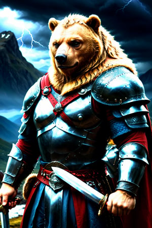 close up, of an bear viking, armored, mountains, holding one sword. dark and stormy sky, lightning flashing in distance.
(awesome, (((masterpiece))), (((best quality))), ((ultra detailed)), (illustration)), more detail XL