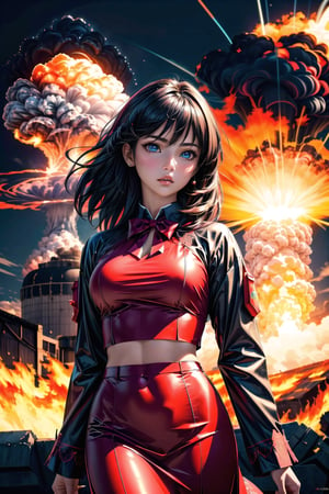 (((masterpiece))),best quality, illustration,(beautiful detailed girl),beautiful detailed glow,((flames of war)),(((nuclear explosion behide))), rain, detailed lighting, detailed water, (beautiful detailed eyes), expressionless, palace,azure hair,disheveled hair, long bangs, hairs between eyes, (red dress), black ribbon, white bowties, midriff, big forhead, blank stare, flower, long sleeves

(masterpiece, extremely detailed, realistic, best quality, highres, high resolution:1.2), UHD, 8K,