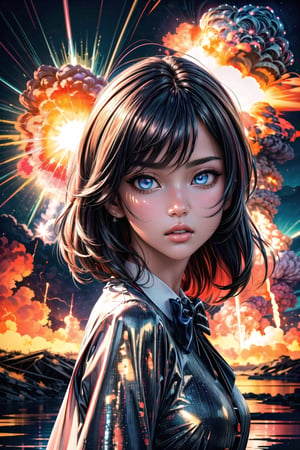 (((masterpiece))),best quality, illustration,(beautiful detailed girl),beautiful detailed glow,((flames of war)),(((nuclear explosion behide))),rain,detailed lighting,detailed water,(beautiful detailed eyes),expressionless,palace,azure hair,disheveled hair,long bangs,hairs between eyes,(whitegrey dress),black ribbon,white bowties,midriff,big forhead,blank stare,flower,long sleeves

(masterpiece, extremely detailed, realistic, best quality, highres, high resolution:1.2), UHD, 8K,