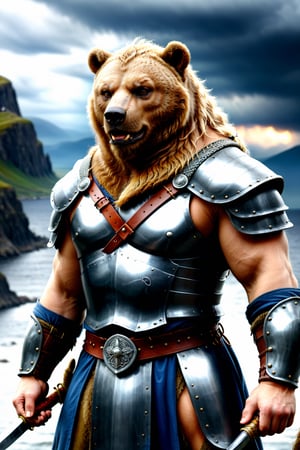 close up, of an bear viking, armored, mountains, holding one sword. dark and stormy sky, lightning flashing in distance.
(awesome, (((masterpiece))), (((best quality))), ((ultra detailed)), (illustration)), more detail XL