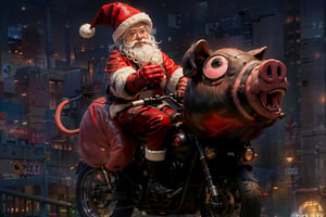 Santa, chubby body, black sunglasses, red leather jacket and pants, wearing a pig face shaped part on the front part, tail in the shape of a pig's butt on the rear, pig round also tail, riding through the night sky on a large motorcycle. He wears red leather gloves, silver handlebars.,sprbk