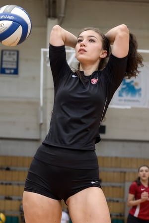 Tall and athletic Ukrainian volleyball player stands confidently on the indoor court during a lively practice session. Her long, dark brown hair falls down as she gazes intently at her teammates. She wears a fitted volleyball jersey and matching shorts, showcasing her toned physique. The camera captures her frozen in motion, as if preparing to make a serve or block.