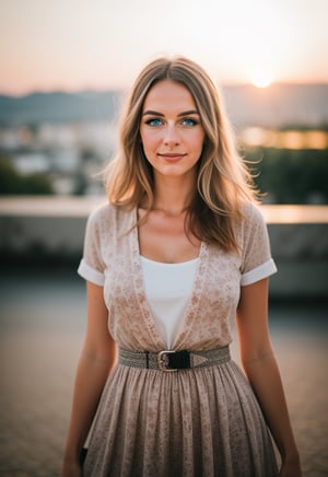 half body wide angle professional portrait photo of a beautiful hippy woman,  clear and detailed eyes,  nature background at sunset,  backlighting,  fashion photography,  centered,  symmetrical,  hasselblad helios 44-2 58mm F2,  Sci-fi,  android, Mechanical part
