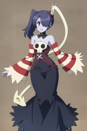 Squigly, 1girl, bare shoulders, detached sleeves, hair over one eye, red eyes, side ponytail, detached collar, purple dress, skull, blue skin, stitches, zombie, striped sleeves, stitched mouth, perfect anatomy, solo, fgo sprite, full_body