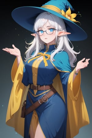 elf, 1girl, white hair, long hair, blue eyes, freckles, long pointy ears, glasses, ((blue witch hat with yellow ribbons, yellow flower crown on hat)), long blue dress, Victorian dress, long blue cape, blue boots, blue armored belt, long sleeves, ((oversized sleeves)), sorcerer outfit, perfect anatomy, female_solo, (insanely detailed, beautiful detailed face, masterpiece, best quality, detailed, detailed background, 8k, 4k, detailed shaders, glow effect, play of light, high contrast), score_9, score_8_up, score_7_up, highest quality, 8K, RAW photo, source_anime, perfect face, cowboy_shot