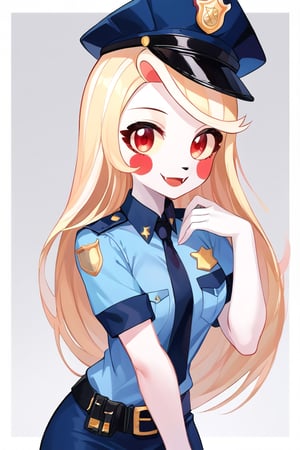 Charlie Morningstar, 1girl, long hair, blonde hair, colored skin, white skin, yellow sclera, red eyes, red cheeks, fangs, black animal nose, police uniform, blue skirt, police hat, perfect anatomy, female_solo, (insanely detailed, beautiful detailed face, masterpiece, best quality), score_9, score_8_up, score_7_up, highest quality, 8K, RAW photo, source_anime