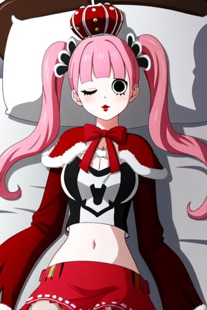 PeronaChan, 1girl, pink hair, black eyes, blunt bangs, drill hair, red lipstick, twintails, crown, (white and black striped stockings), red boots, red capelet, white shirt with sleeves, red skirt, midriff, perfect anatomy, solo, eyes closed, bed, sleeping, laying down, upper_body