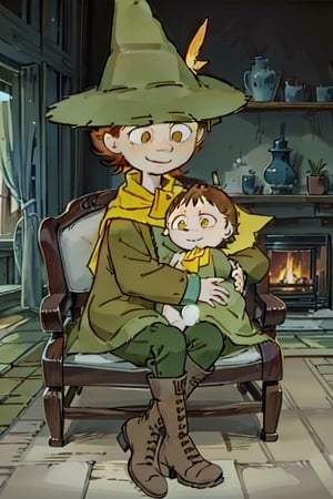 Snufkin, 1boy, short brown hair, pointy nose, green coat, green pants, brown boots, green hat with yellow feather, yellow scarf, dark brown eyes, perfect anatomy, solo, BFMother, 1baby, person holding baby, person and baby, motherly, sofa, living room, smile