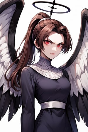 1girl, angel, dark brown hair, long_ponytail, parted bangs, red eyes, black halo, angel wings, ((black and white wings)), small gray dress, long sleeves, black pantyhose, white thigh boots, chainmail collar, white sash, white elbow gloves, perfect anatomy, female_solo, (insanely detailed, beautiful detailed face, masterpiece, best quality), (sharp), score_9, score_8_up, score_7_up, score_6_up, highest quality, 8K, RAW photo, source_anime, perfect face, perfect hands, upper body, simple background, angry expression, tsurime