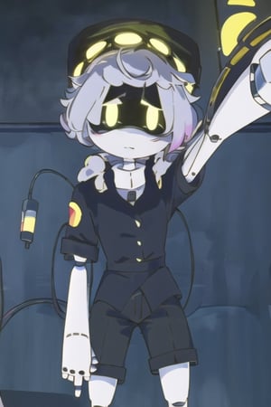 N (Murder Drones), 1boy, robot, cyber tail, syringe on tail, lights on head, black fluffy jacket, black shorts, pilot hat, murder drone, android, robot, robot joints, glowing eyes, yellow eyes, white hair, white skin, perfect anatomy, solo, 2D style, kobayashi-san chi no maid dragon 
