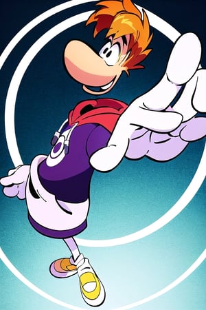 Rayman, 1boy, purple hoodie, white cartoon gloves, short orange hair, white circle symbol on hoodie, yellow shoes, black eyes, hair fringes, pointy nose, floating limbs, perfect anatomy, solo, r3style, cartoon, delicated and intricate, standing 