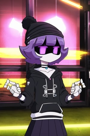 Uzi (Murder Drones), 1girl, purple hair, black hat, beanie, bangs, necklace, jewelry, short hair, closed mouth, choker, murder drone, skirt, black hoodie, android, robot, robot joints, glowing eyes, shiny, collarbone, purple eyes, perfect anatomy, solo